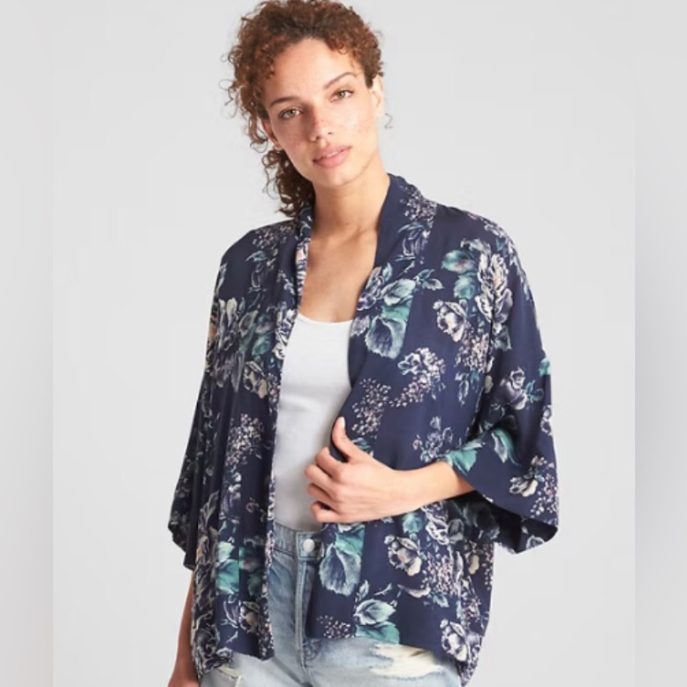 Gap Navy Floral Print Open Front Topper Jacket Dropped Sleeve Summer Boho XXS